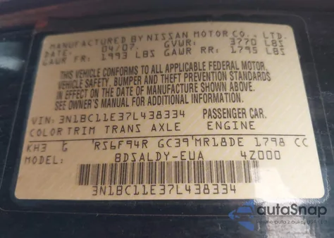 2007 Nissan Versa 1.8S z USA, uszkodzony, nr VIN 3N1BC11E37L438334